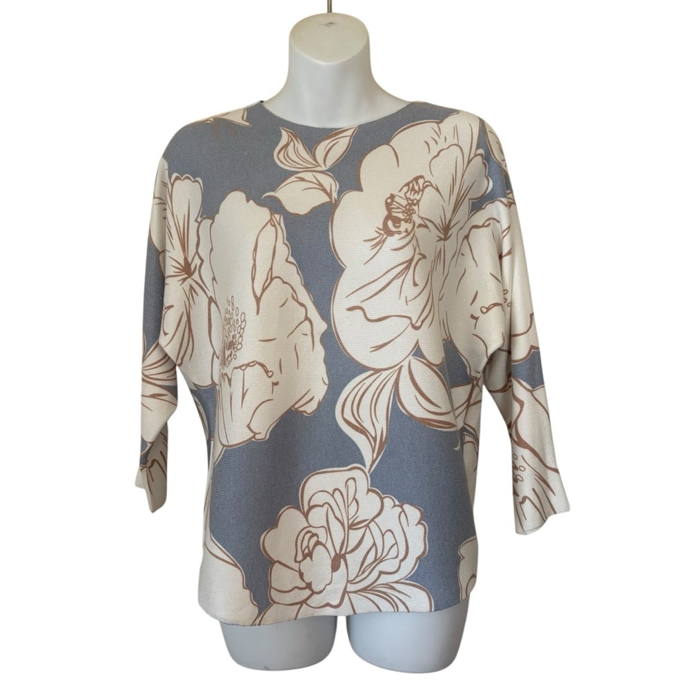 Sioni Floral Sweater Pastel Blue White Dolman Sleeve Size S